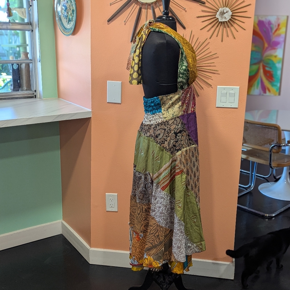 Bohenian Jack Pot Silk Multicolor Patchwork Halter Dress Maxi Festival - Picture 8 of 16